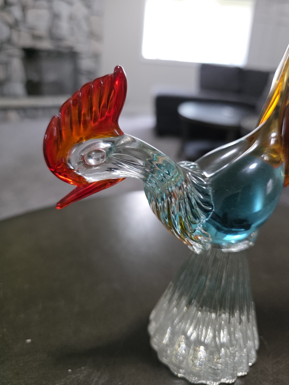 Art Glass Rooster Figurine in Red, Orange, and Teal